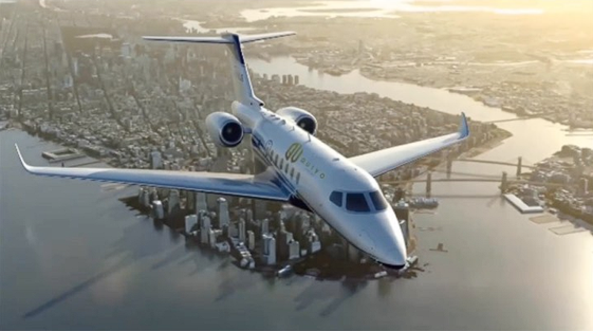 A small private jet is flying over a city.