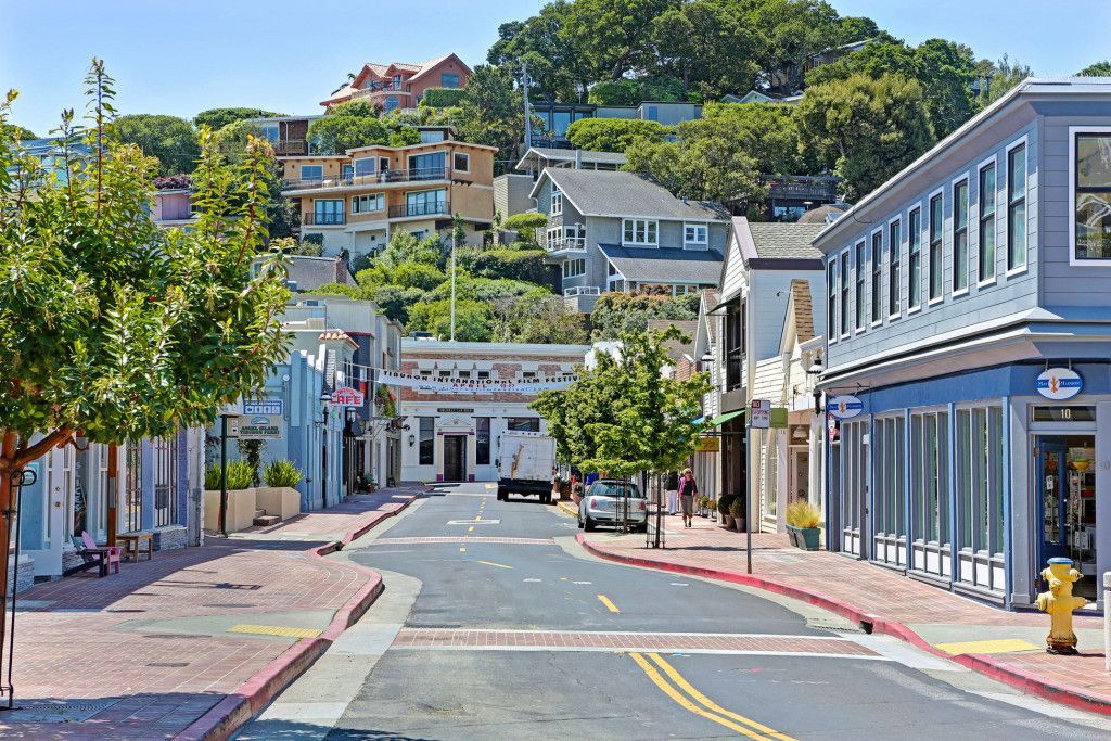 A city street with a lot of buildings and trees on the side of it.