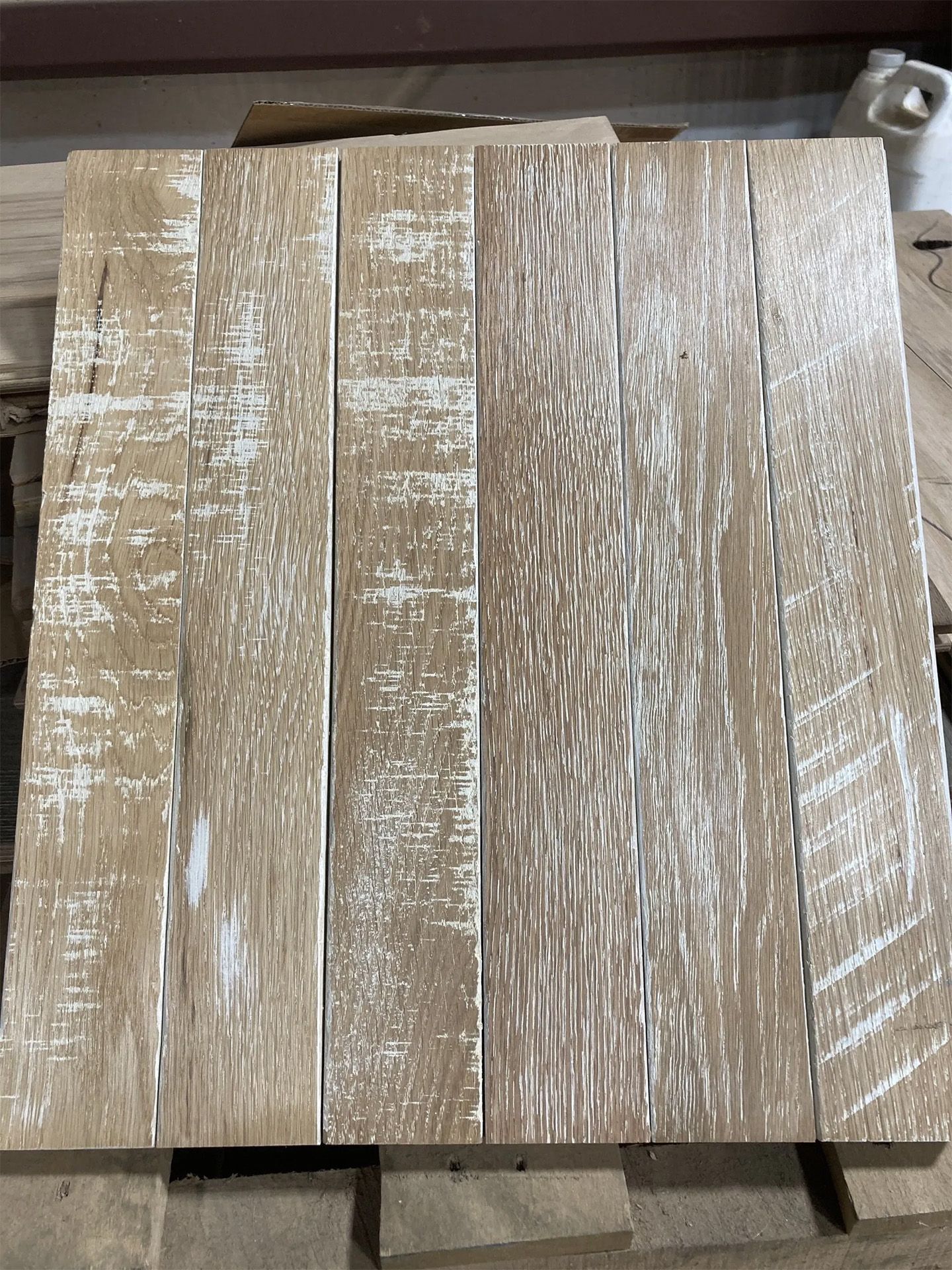 Mixed distress white washed hardwood flooring
