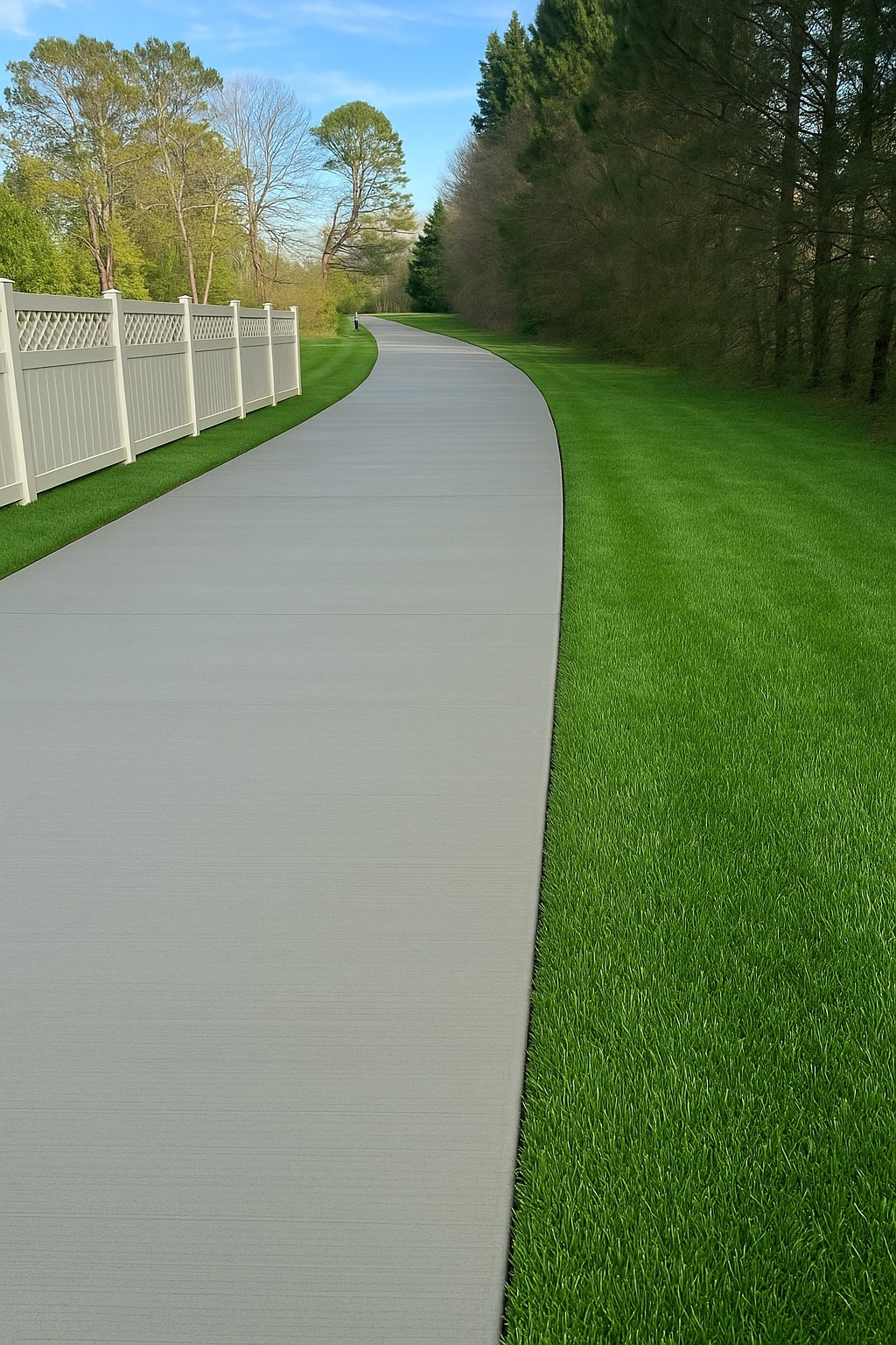 Two men are working on a wooden deck in front of a house.