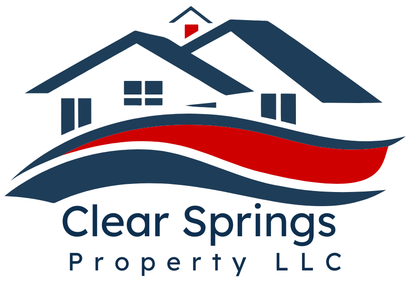 A logo for clear springs property llc with a house and waves