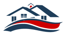 A blue and red logo of a house with a wave behind it.