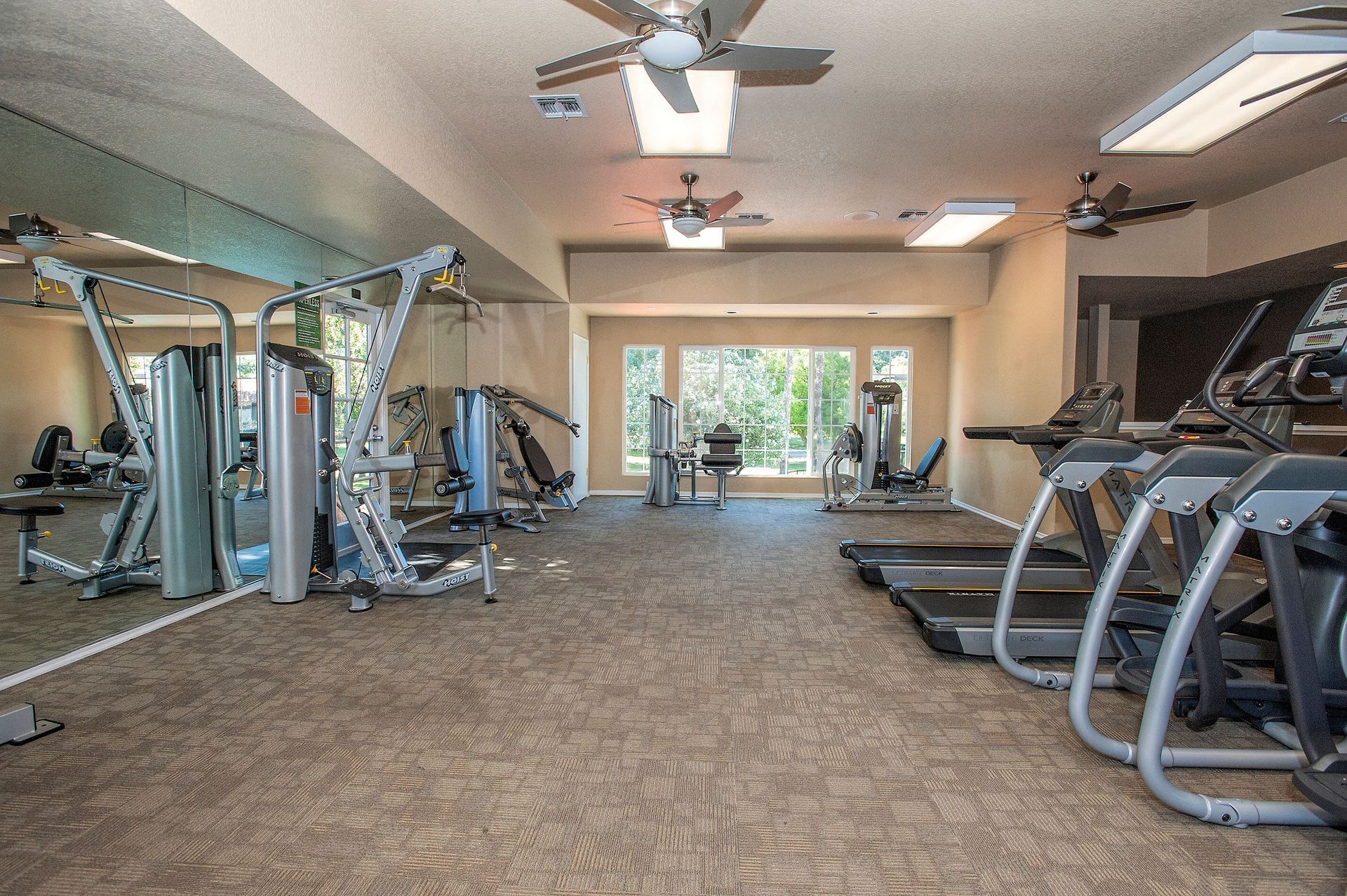 Bright community gym with treadmills, weight machines, and a large window.