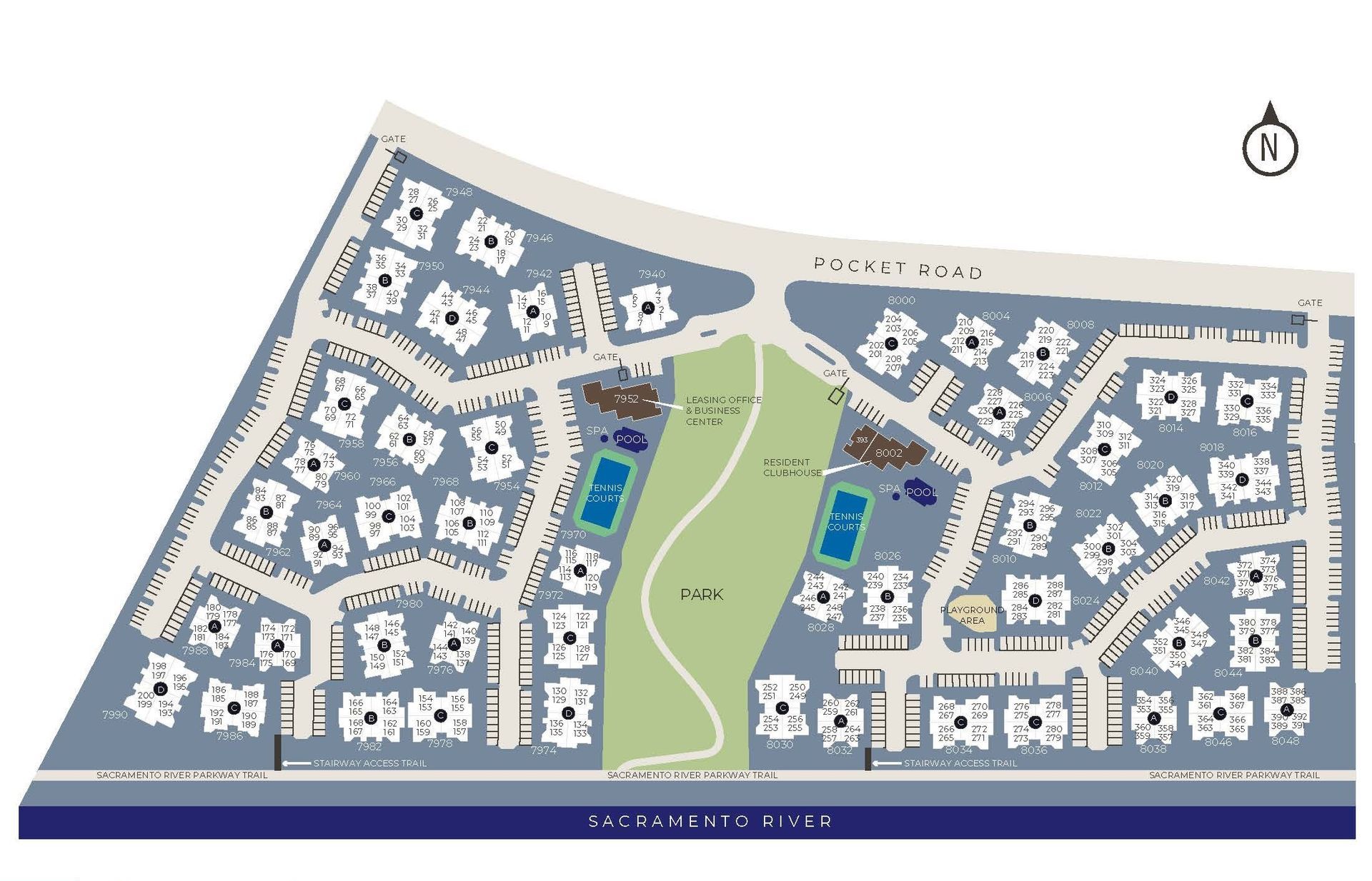 Site map of a residential complex with buildings, a central park, pools, and surrounding roads, oriented to the north.