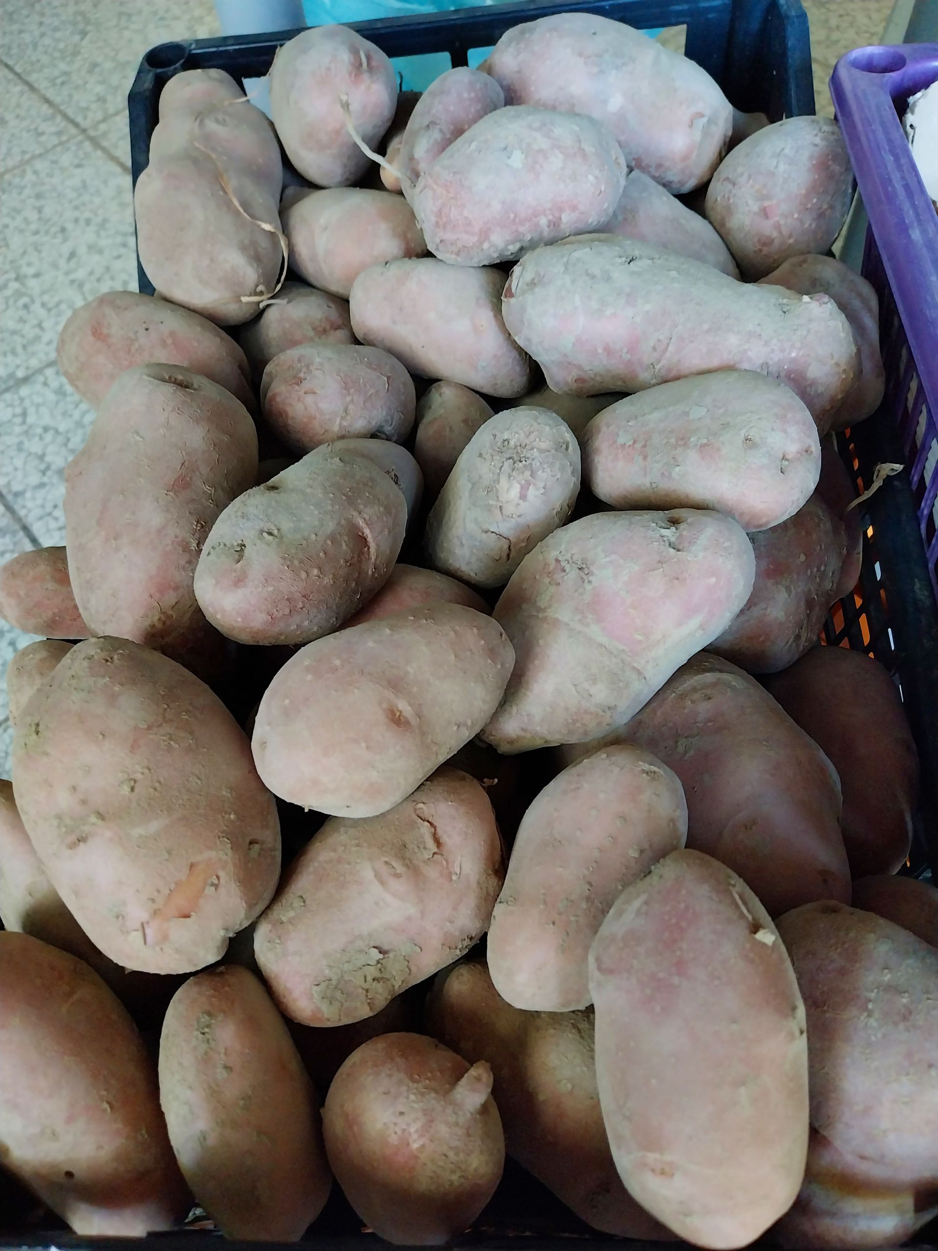 un mucchio di patate sono seduti uno sopra l'altro in un cestino.