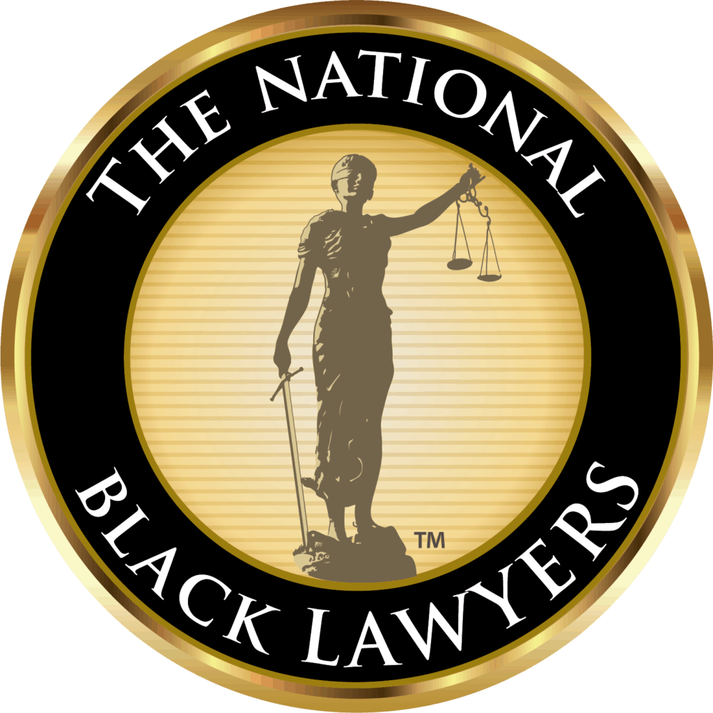 Logo of The National Black Lawyers featuring Lady Justice, black and gold.