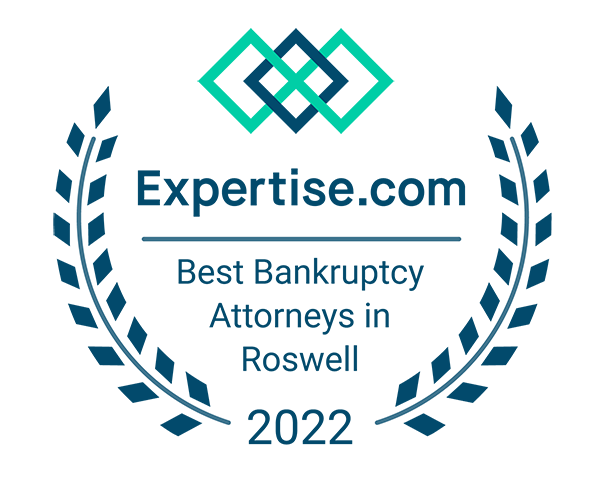 Expertise.com award badge: Best Bankruptcy Attorneys in Roswell, 2022. Teal wreath and logo.