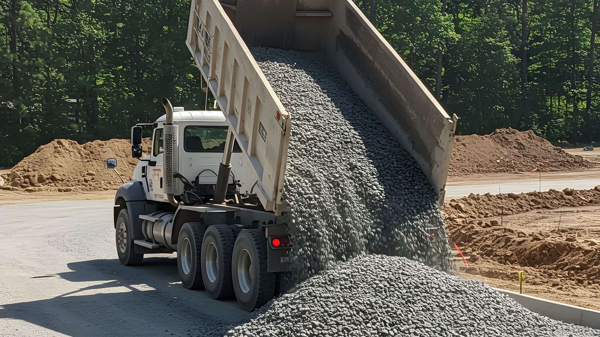 Un camion à benne basculante est chargé de gravier sur un chantier de construction