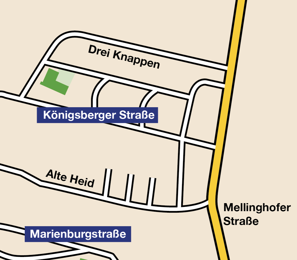 Kartenaussschnitt von Oberhausen Marienviertel. Die Einrichtungen des Sozialen Rings sowie die Straßennamen sind vermerkt.