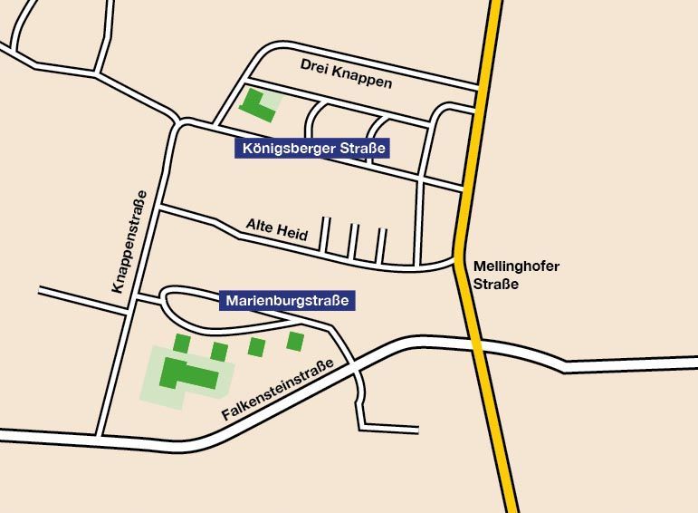 Kartenaussschnitt von Oberhausen Marienviertel. Die Einrichtungen des Sozialen Rings sowie die Straßennamen sind vermerkt.