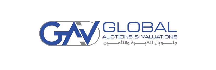 A blue and white logo for gav global auctions and valuations