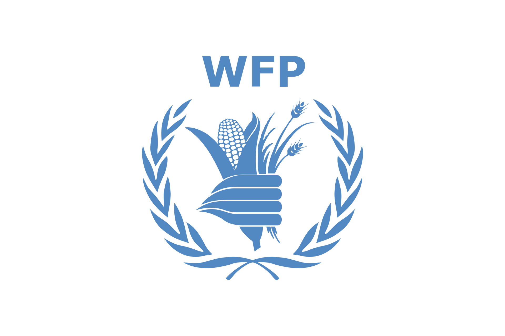 The logo for theUN world food programme is blue and has a corn on it.
