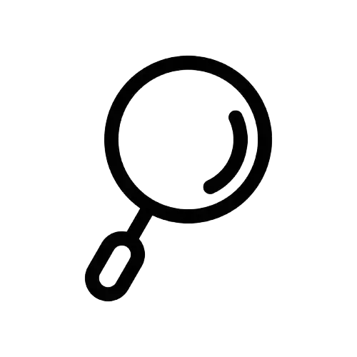 A black and white icon of a magnifying glass on a white background.