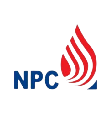 A red white and blue logo for npc
