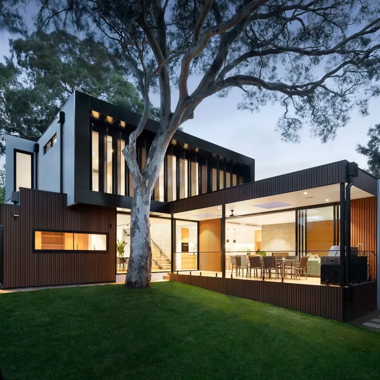 A modern house with a large tree in front of it