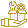 A hand is holding a box with a wrench and gears in it.