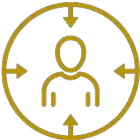 A gold icon of a person in a target with arrows pointing in different directions.