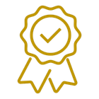 A gold ribbon with a check mark inside of it.