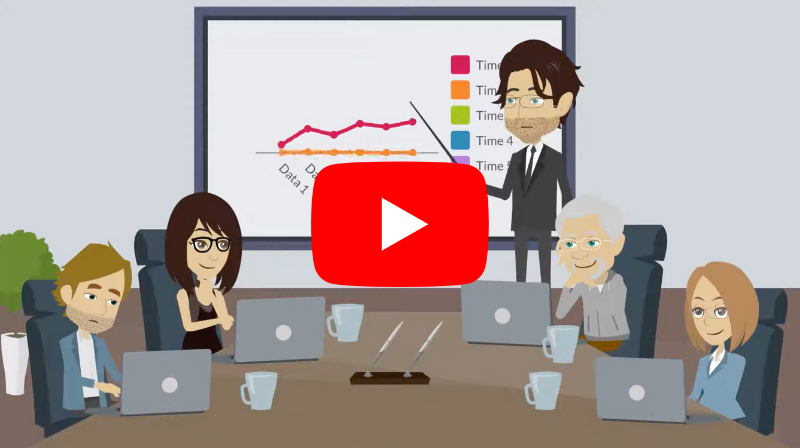 Animated business meeting; presenter points at chart with colleagues at a table using laptops.
