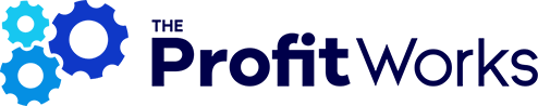 Logo of The Profit Works with blue gear icons.
