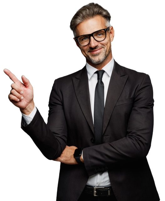 A man in a suit and tie is pointing at something
