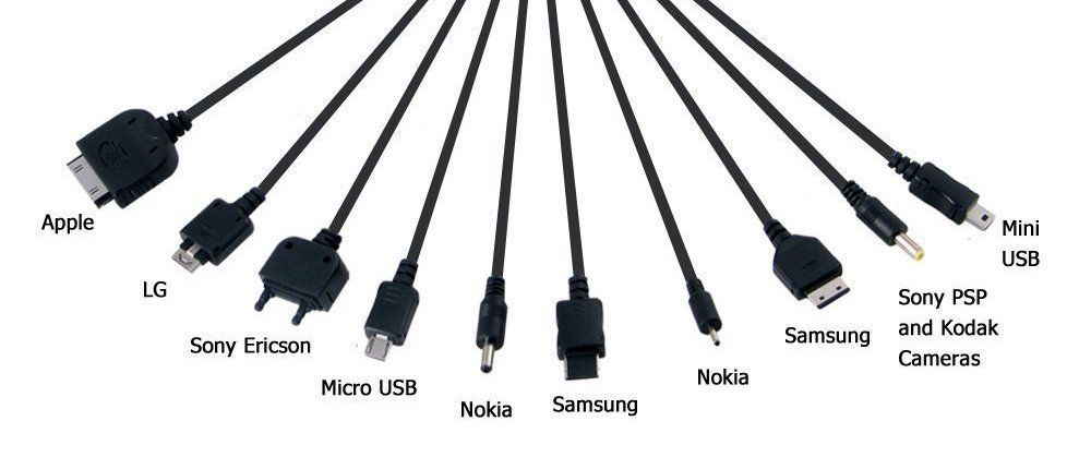A bunch of different types of dc charging cables are lined up in a circle