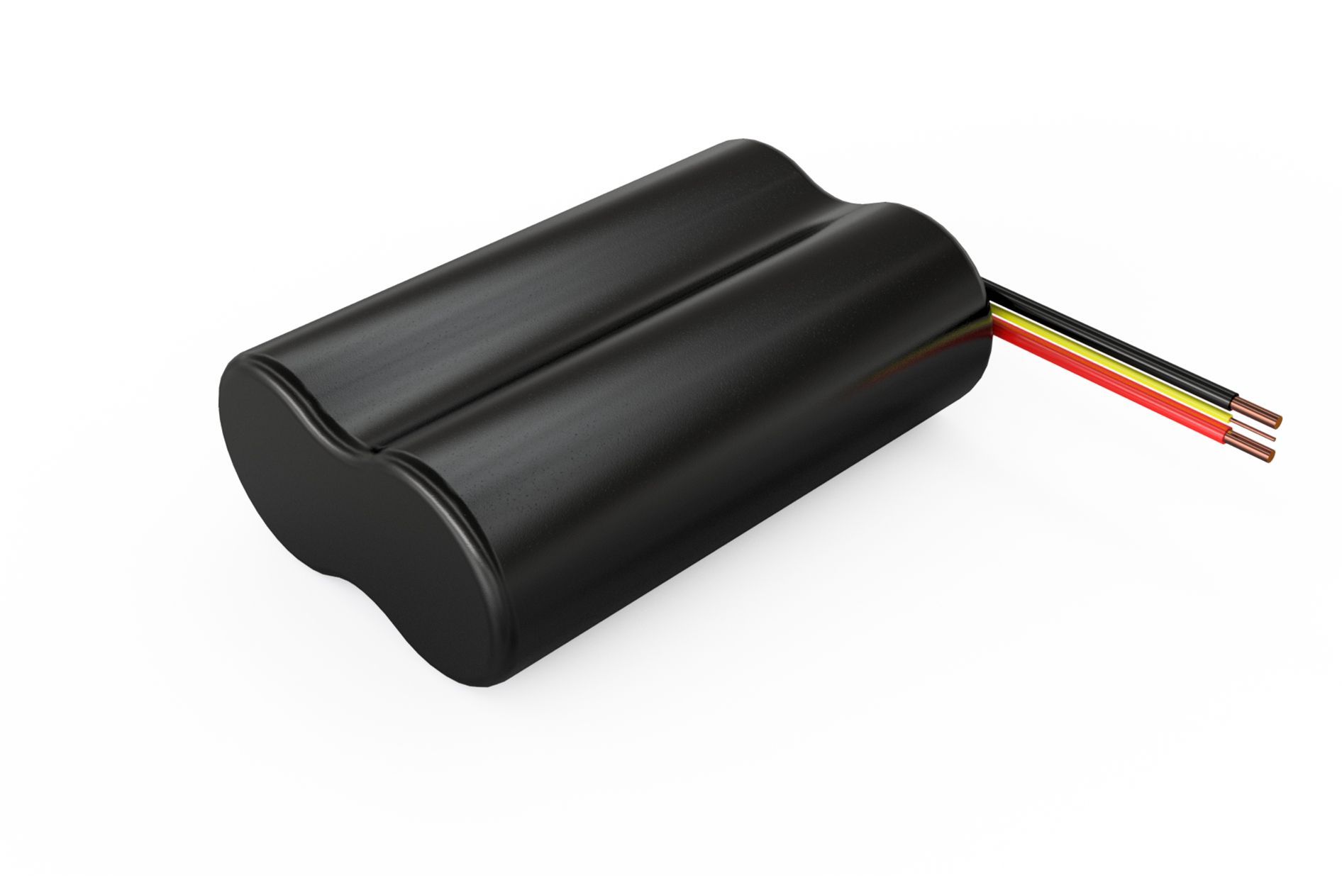 A black battery with three wires attached to it
