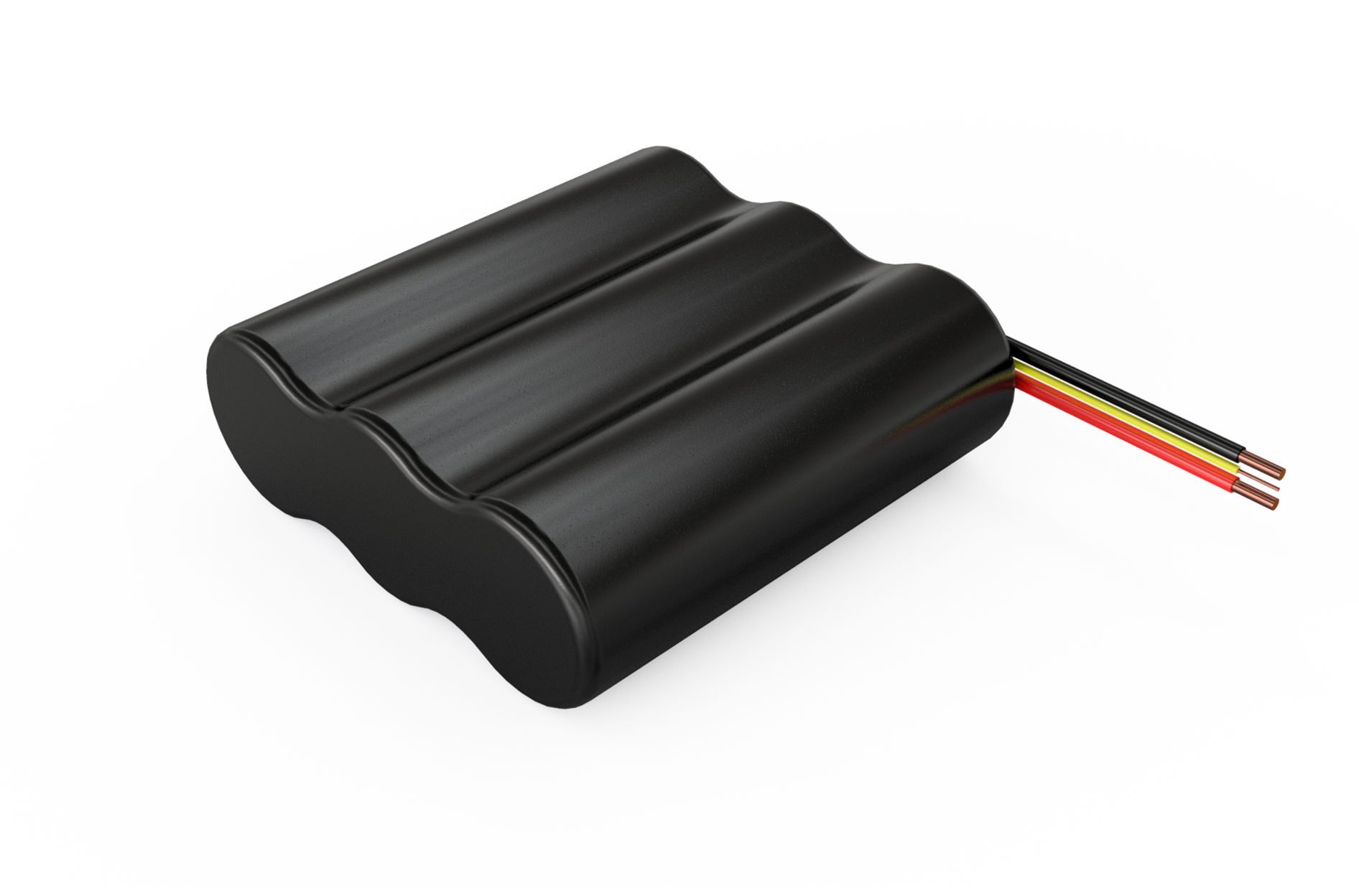 A black battery with three wires attached to it