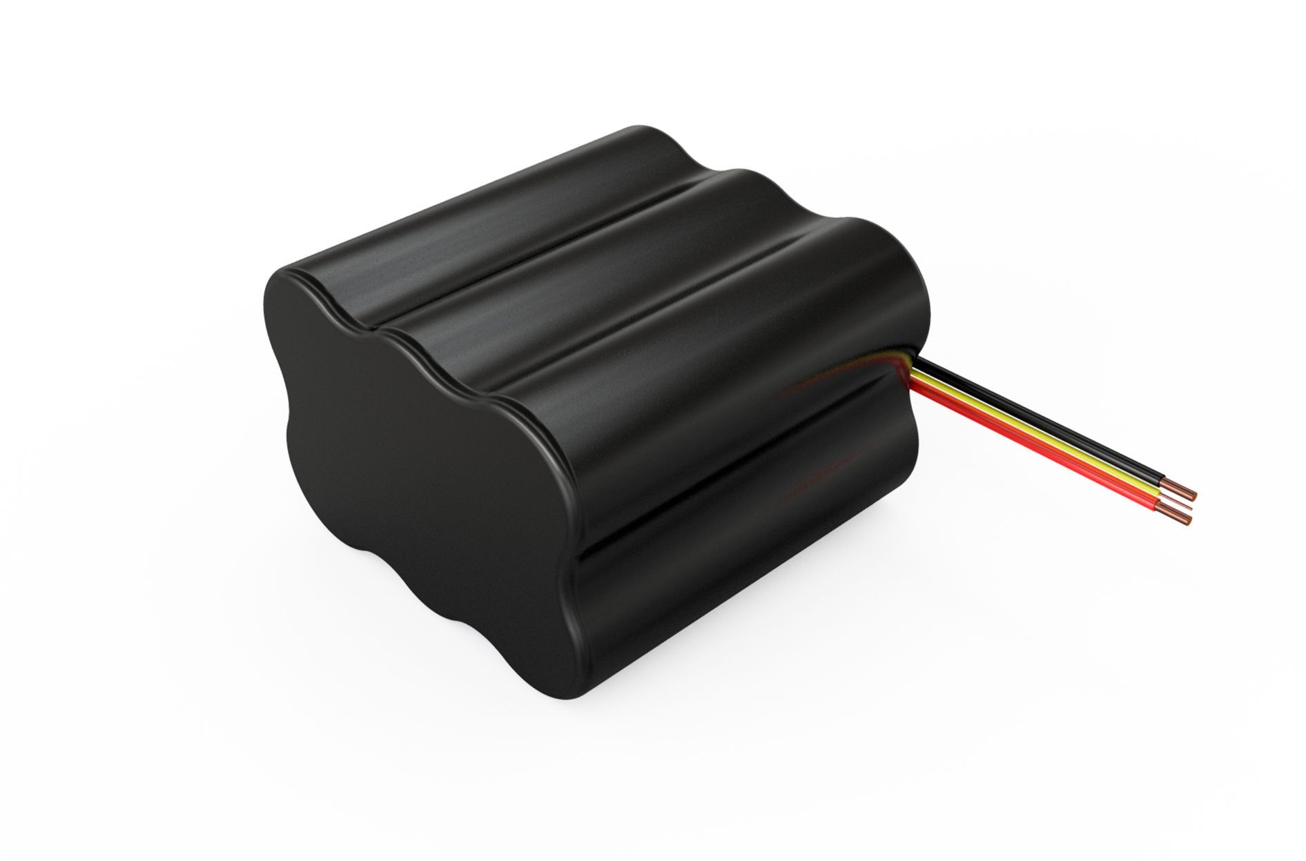 A black battery with three wires attached to it on a white background.