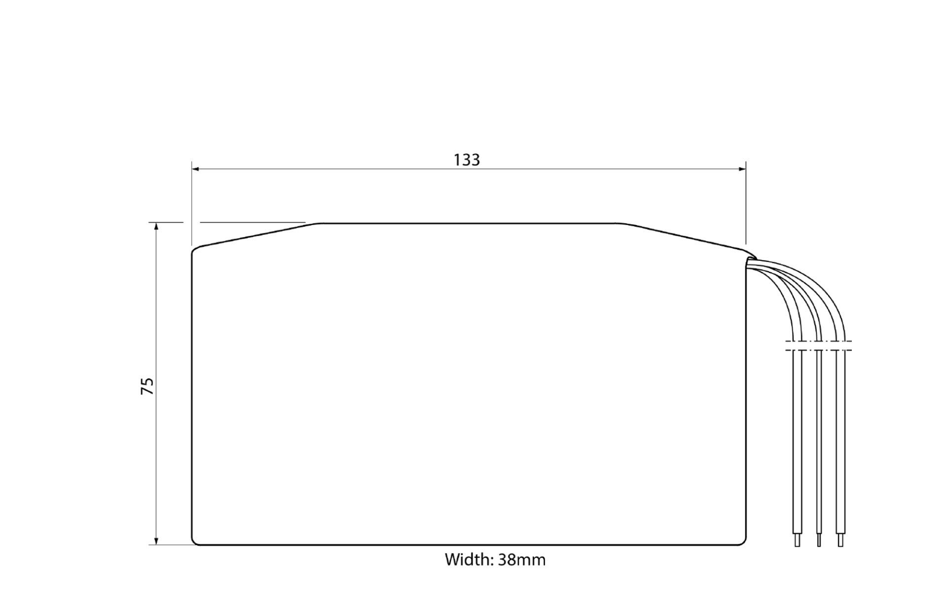 A black and white drawing of a battery pack with measurements on a white background.