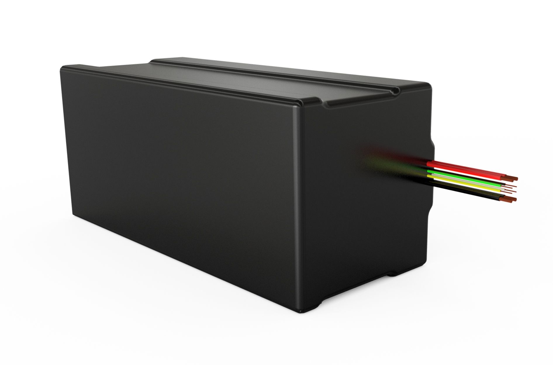 A black battery pack with three wires sticking out of it on a white background.