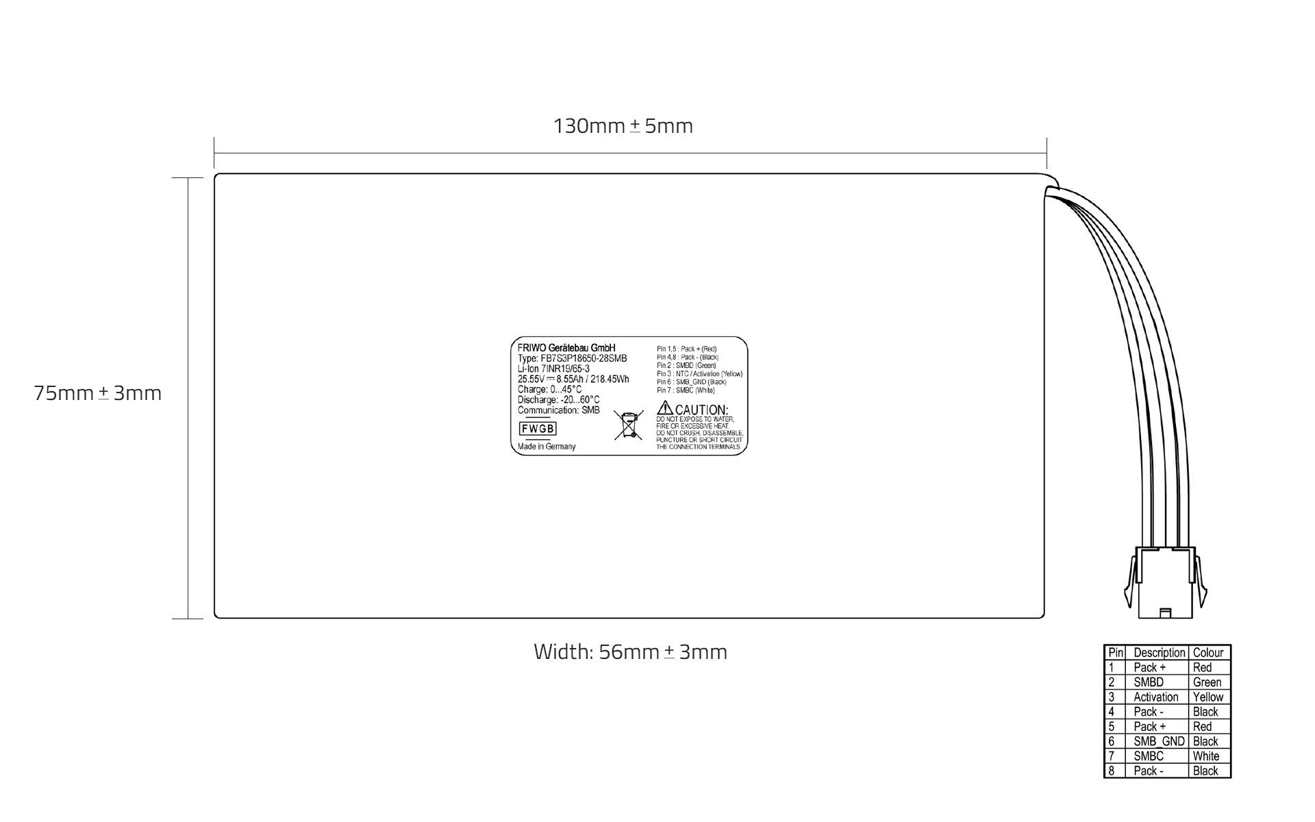 A black and white drawing of a battery pack with measurements on a white background.