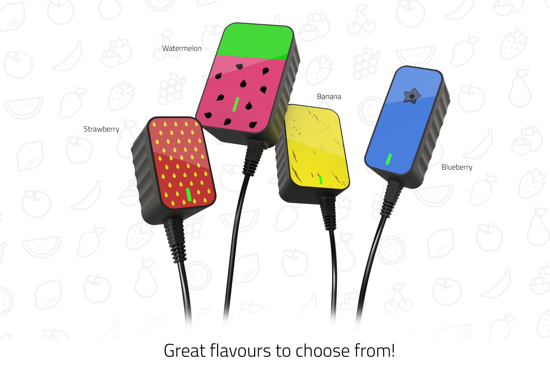 Four different coloured power supplies are sitting next to each other on a white background.