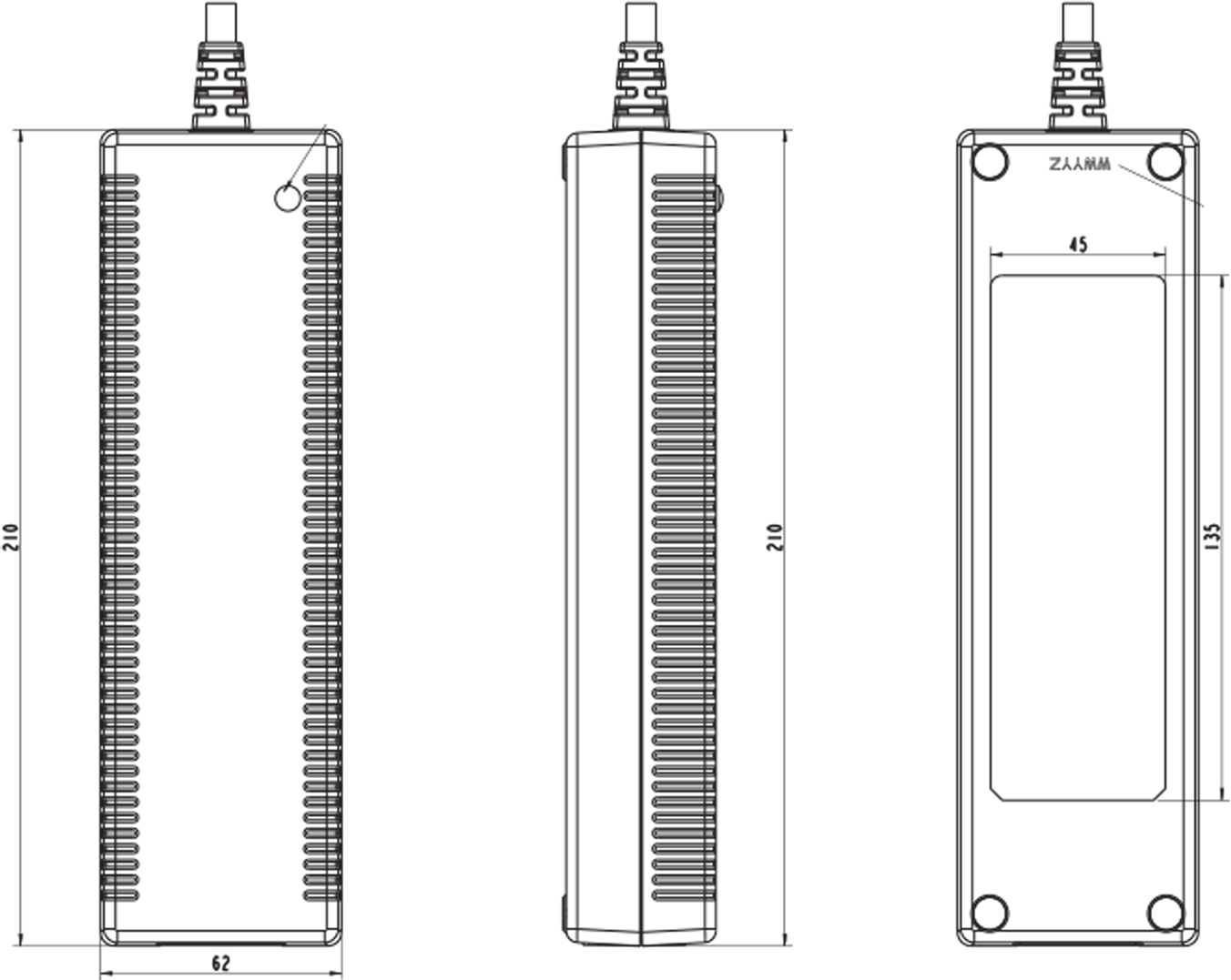 A black and white drawing of a desktop power supply with measurements on a white background.