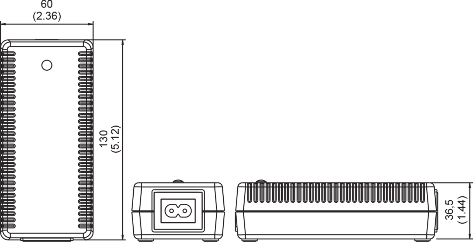 A black and white drawing of a desktop power supply with measurements on a white background.