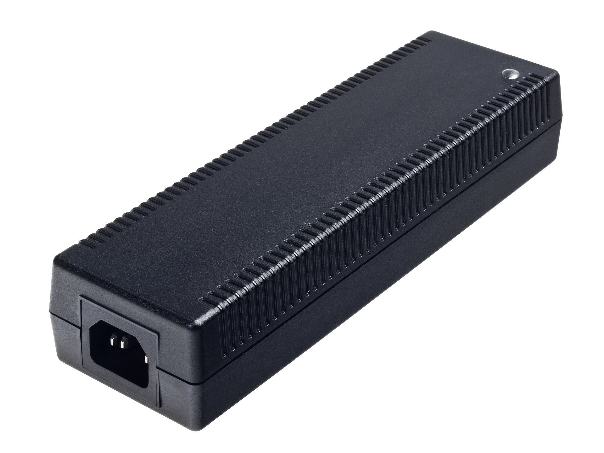 A black desktop power supply with two outlets on the side