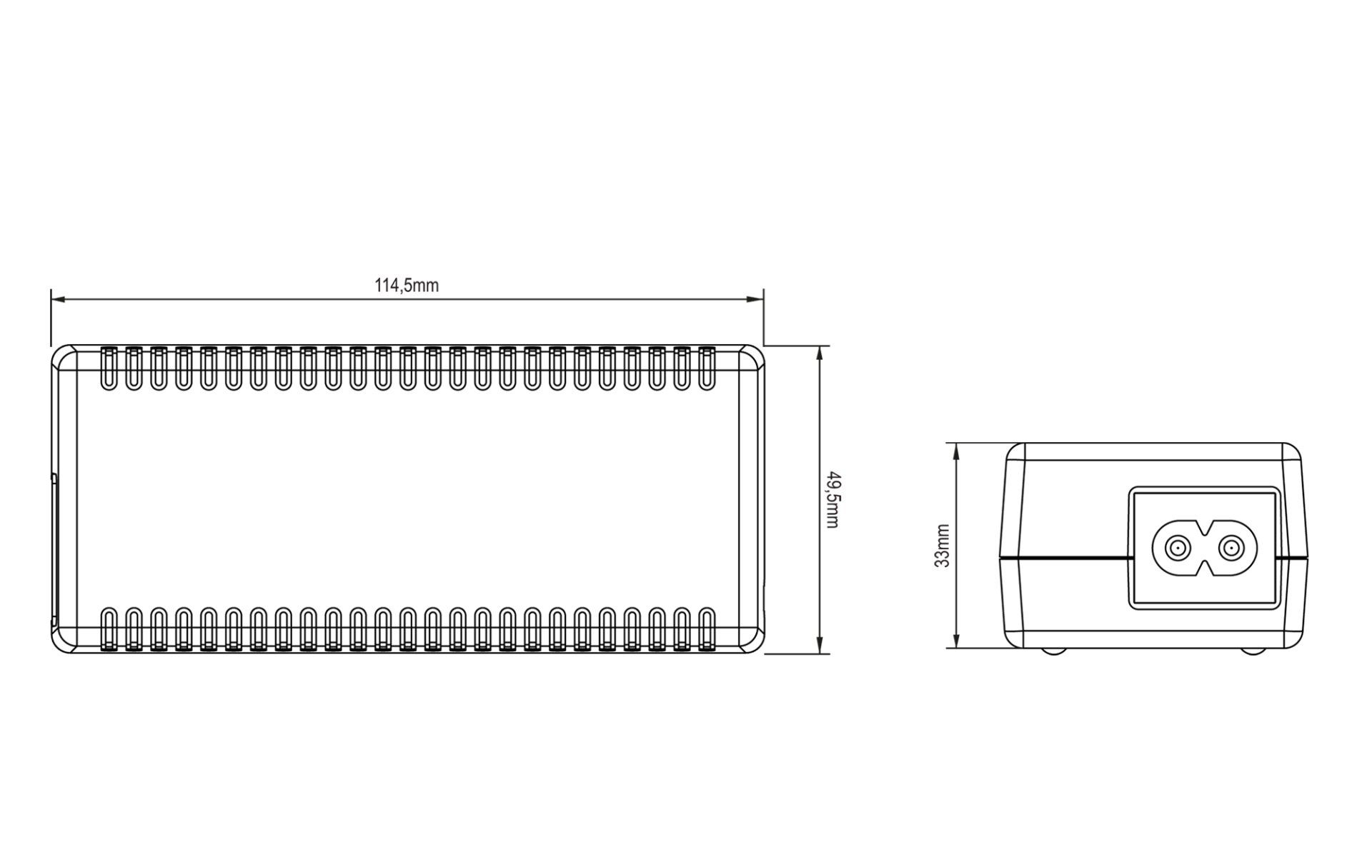 A black and white drawing of a desktop power supply with measurements on a white background.