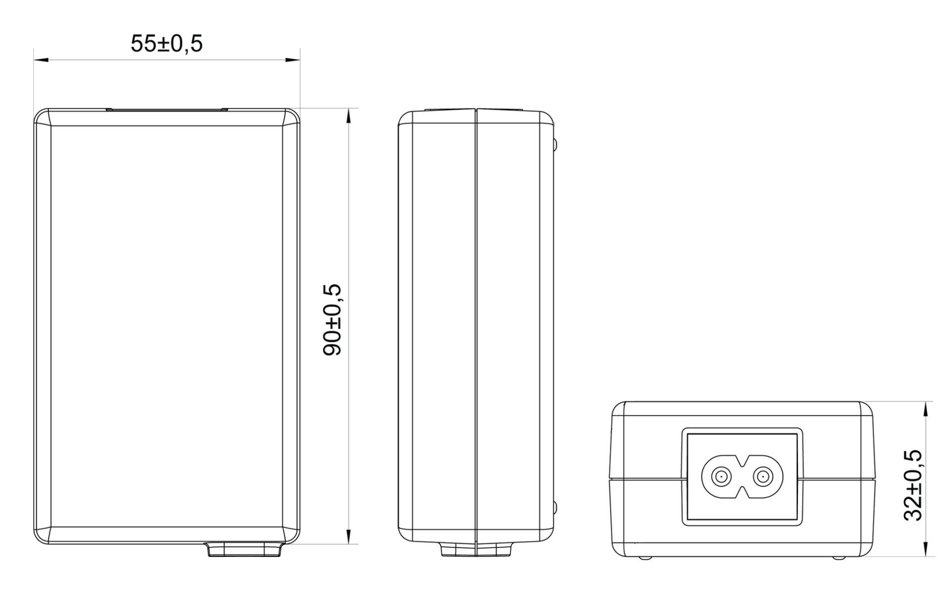 A black and white drawing of a power supply with measurements on a white background.