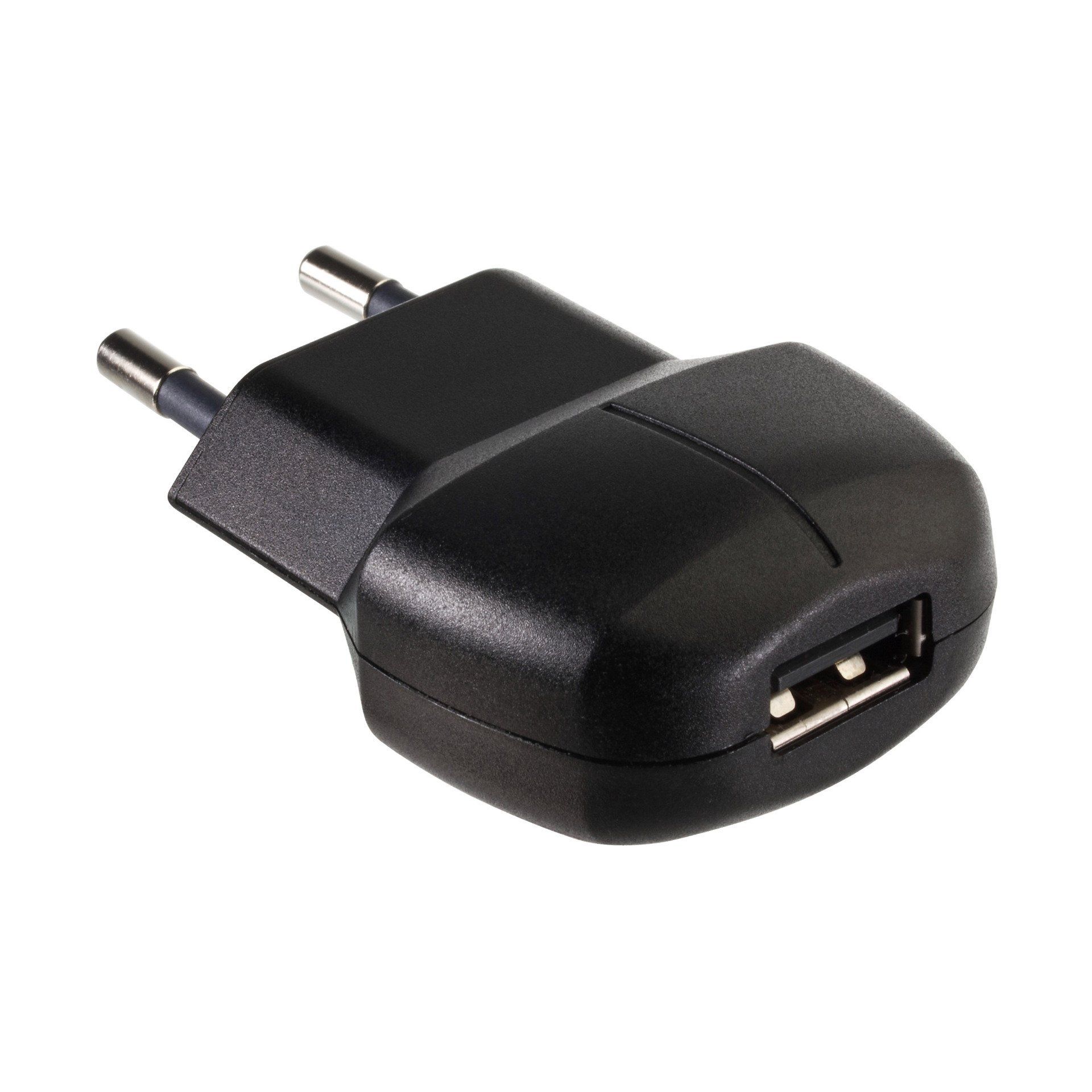 A close up of a black usb charger on a white background