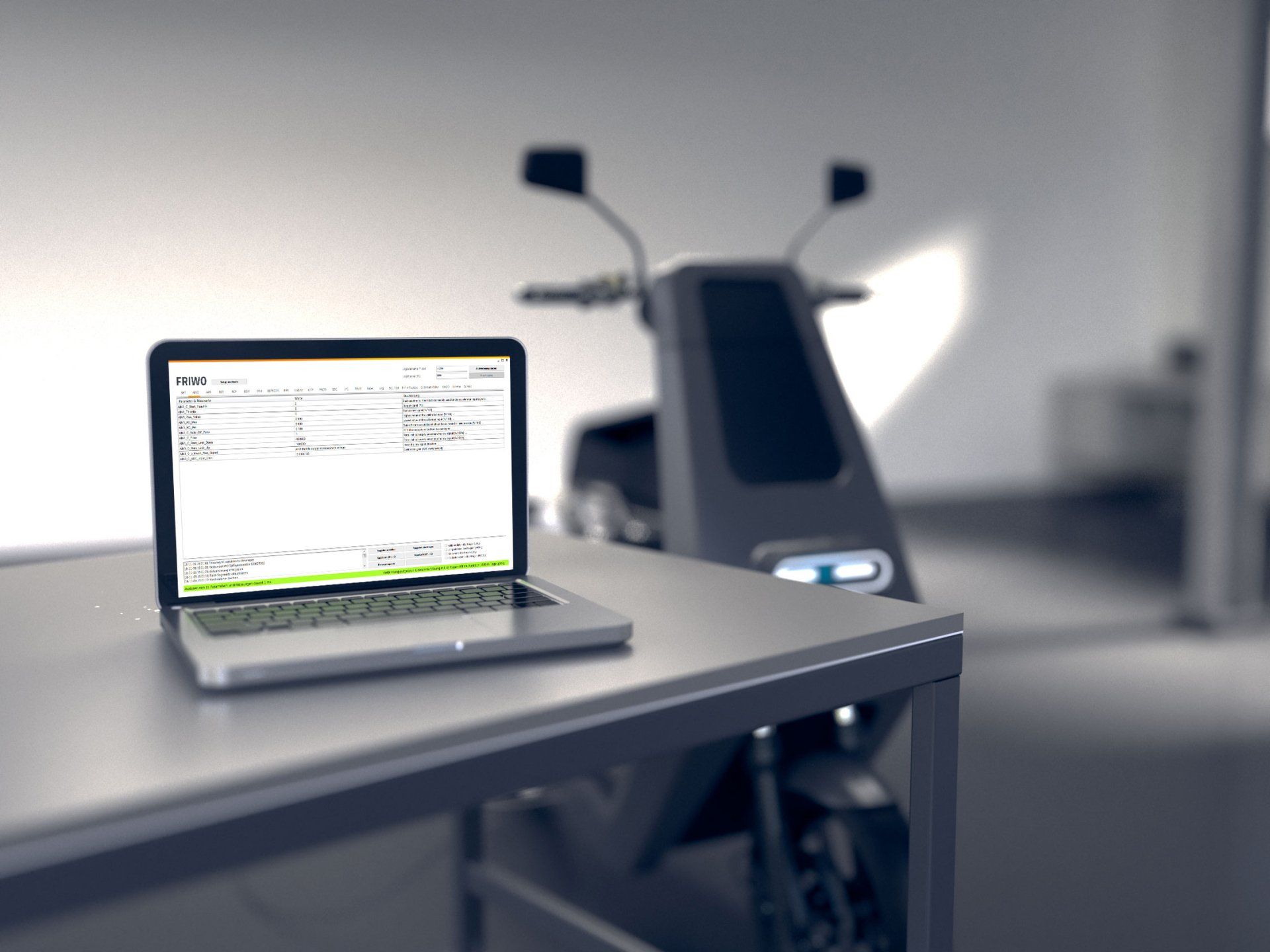 A laptop on a desk with a scooter in the background