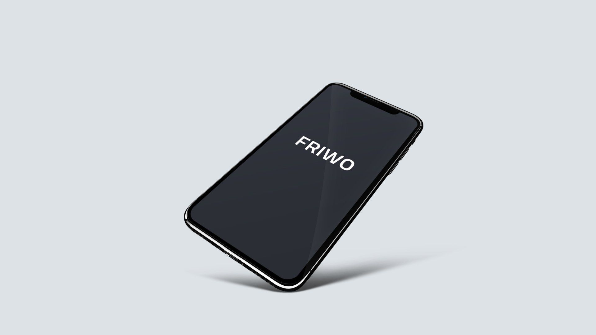 A black cell phone with the word friwo on the screen