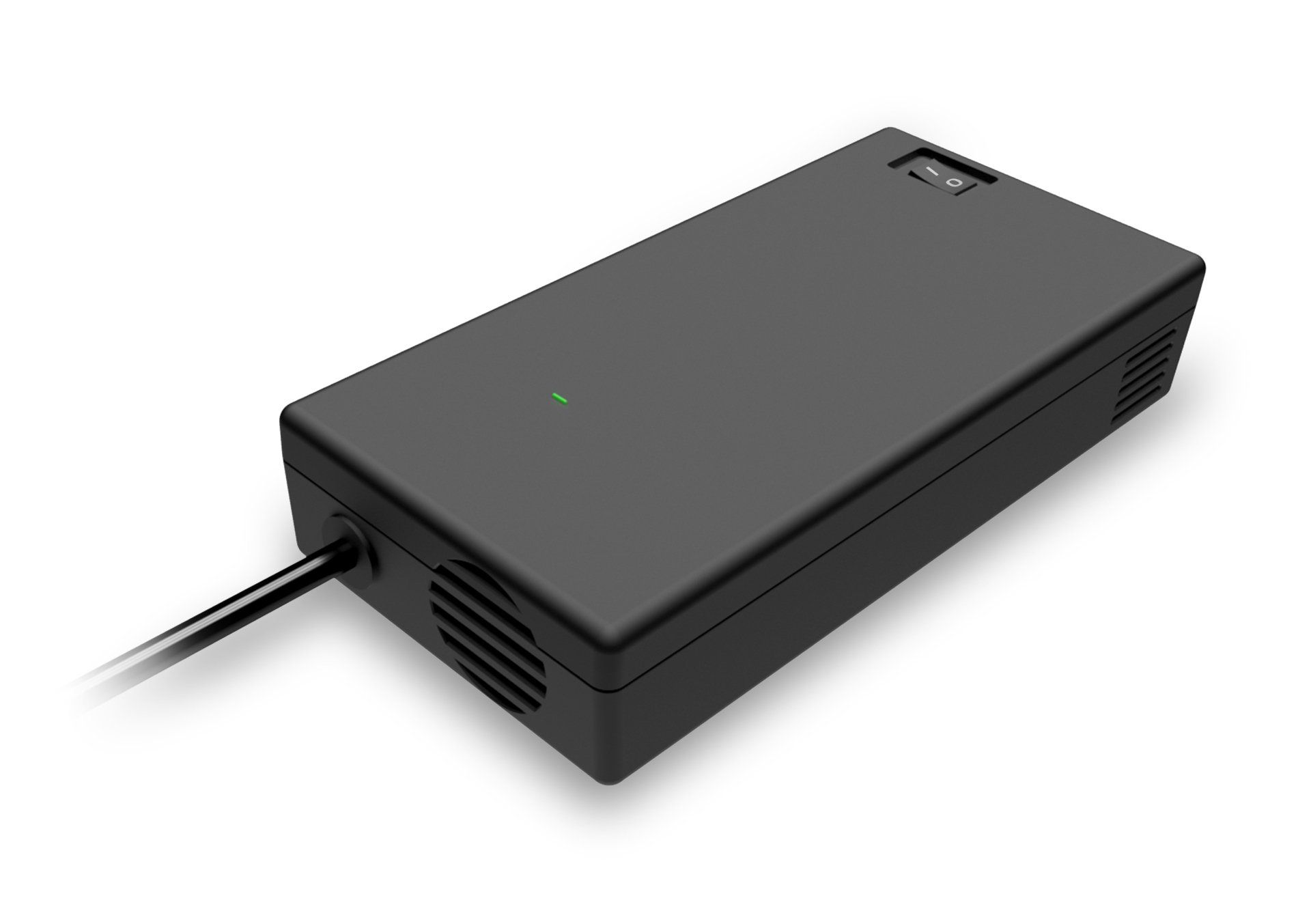 A black desktop power supply with a cable coming from it