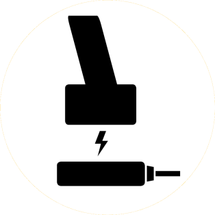A black and white icon of a drill with a lightning bolt coming out of it.