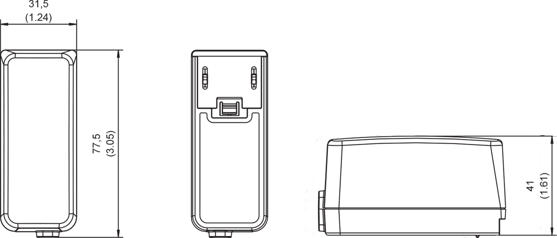 A black and white drawing of a power supply with measurements on a white background.