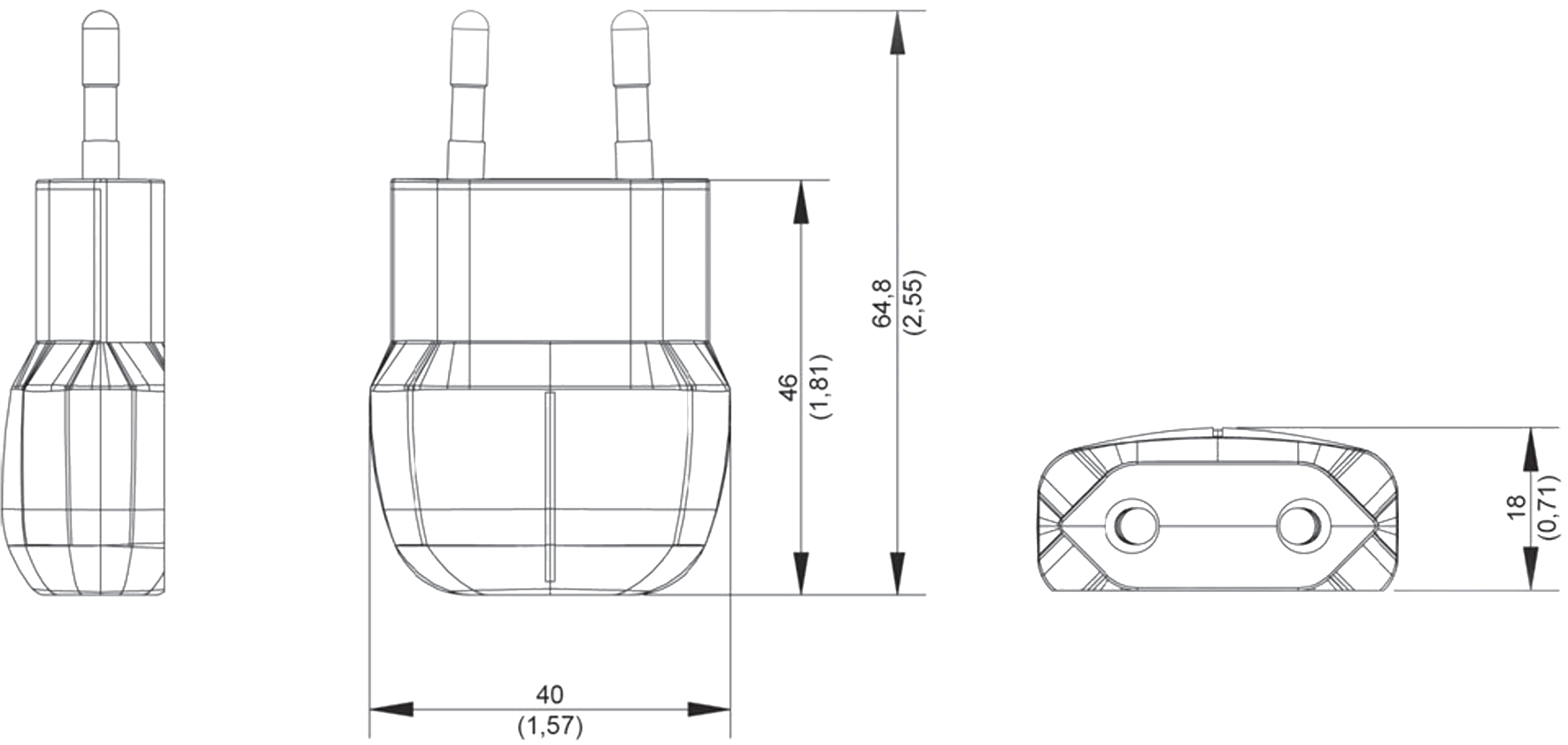 A black and white drawing of a power supply with measurements on a white background.