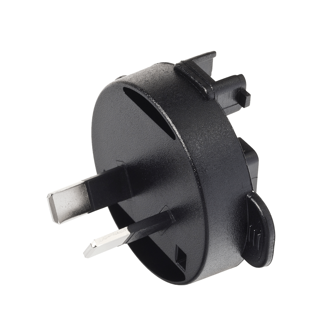 A close up of a black plug on a white background
