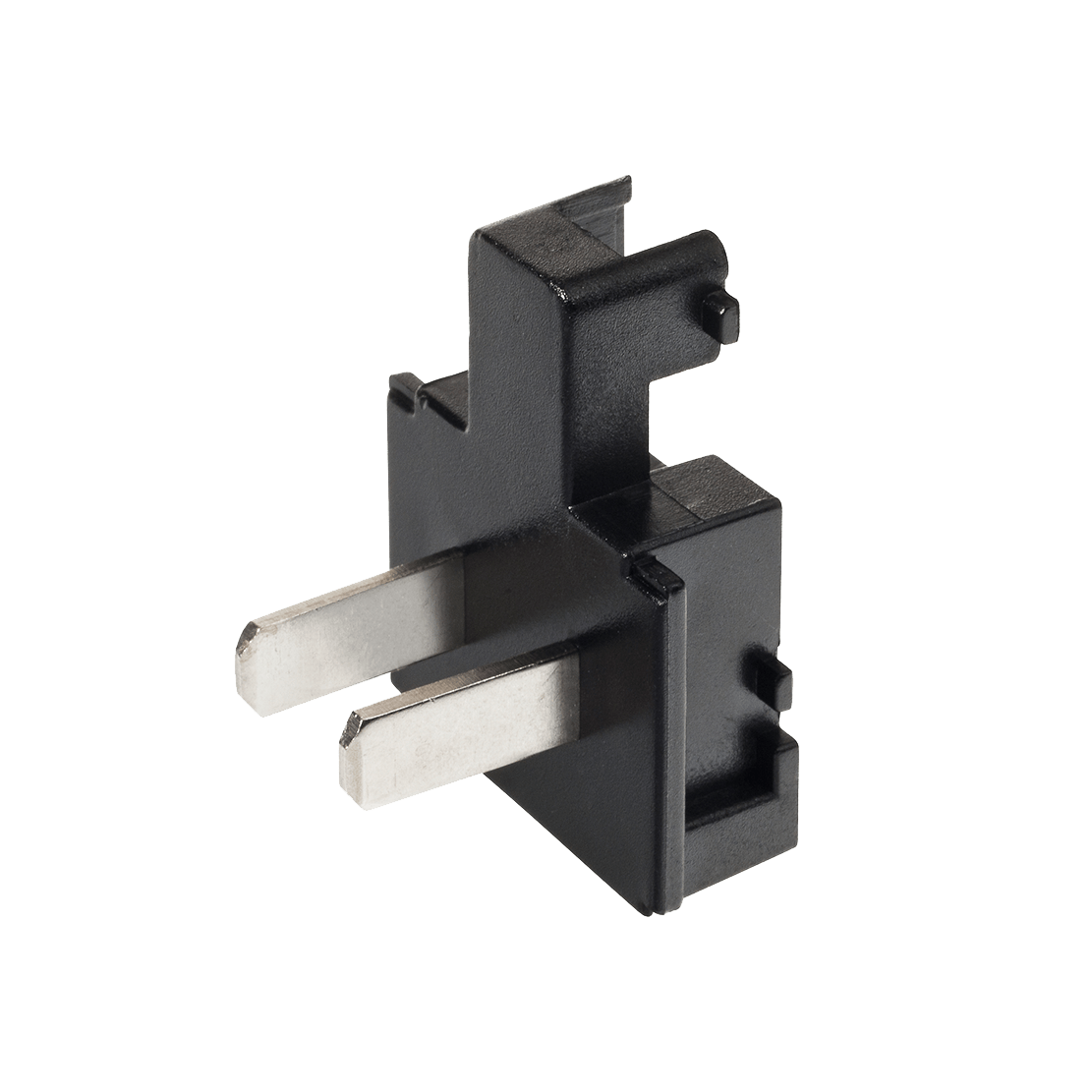 A close up of a black electrical connector on a white background