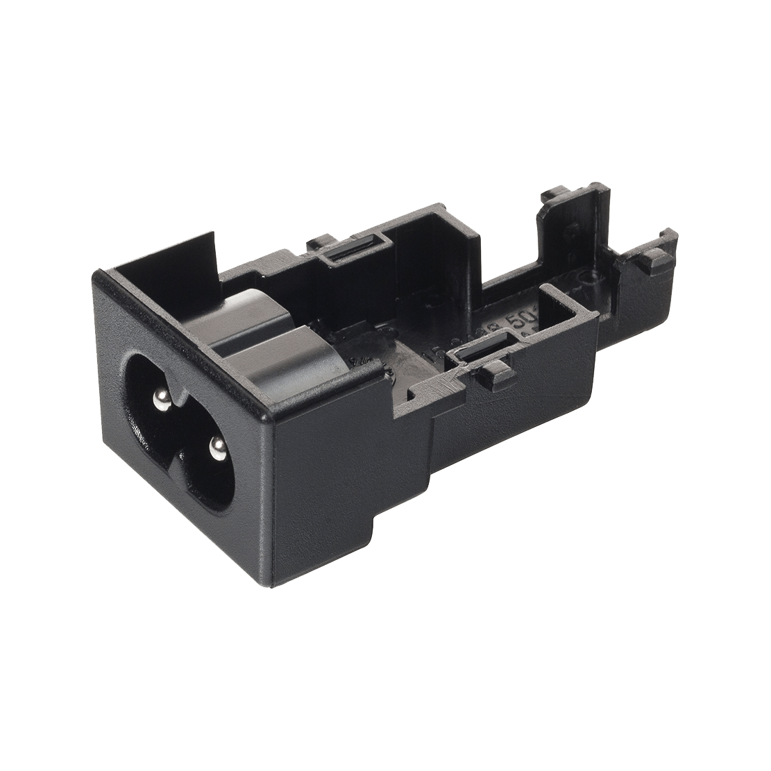 A close up of a black IEC plug on a white background