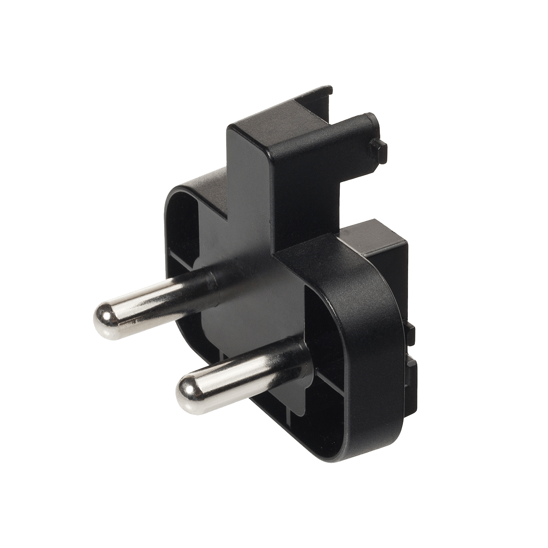 A close up of a black plug on a white background