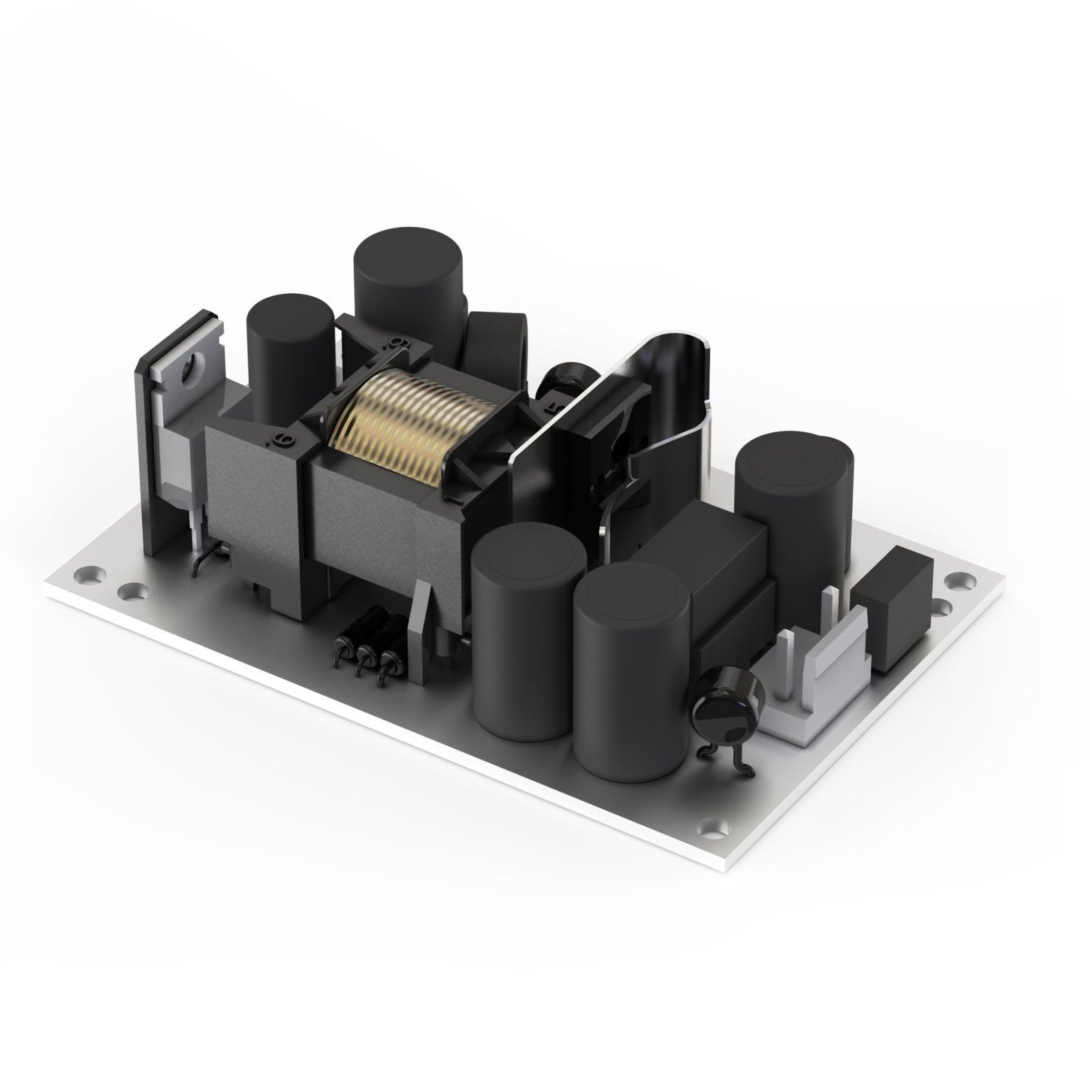 A 3d model of an open frame power supply on a white background